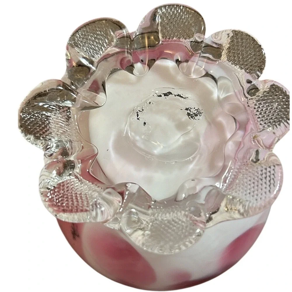 Vintage Pink and White Slag Glass Ruffled Bud Vases with Clover Base Set of 2